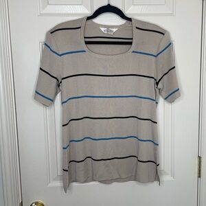 Exclusively Misook Beige Black Blue Stripe Knit Short Sleeve Blouse Size M